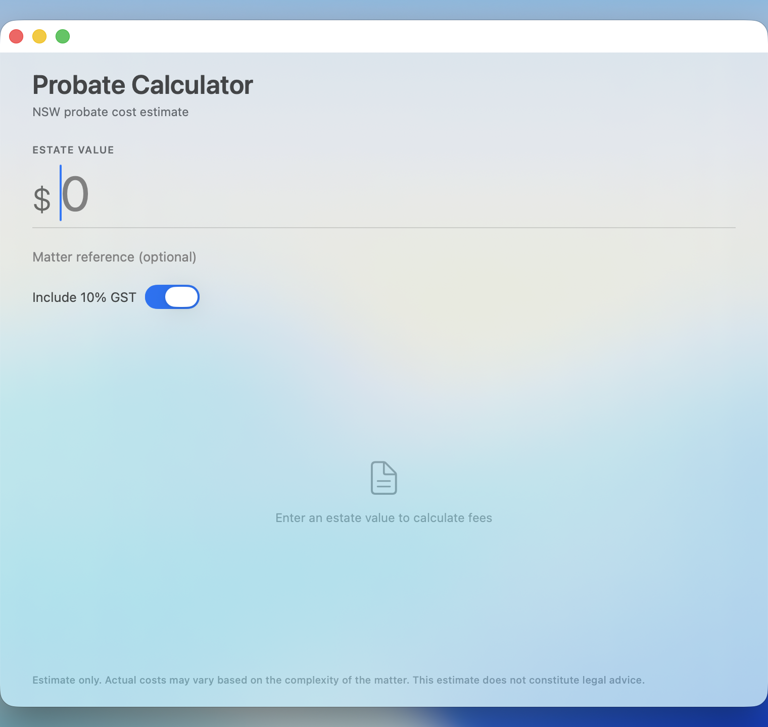 Probate Calculator app, empty state